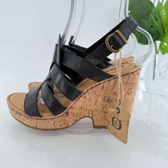 Born Bernese Womens Sandal Size 10 Black Leather Wedge Heel Open Toe Retro Caged - Picture 7 of 16